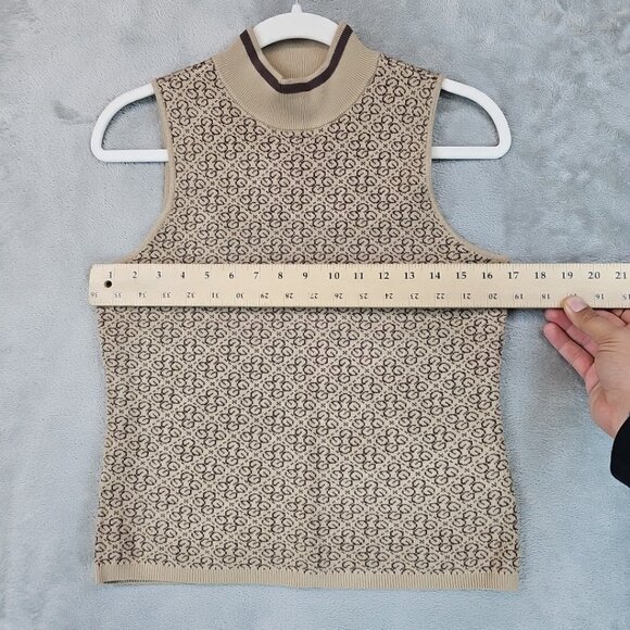 GUESS Logo Sweater Womens Size L Tan/Brown Mock Neck Sleeveless Knit Stretch - Picture 4 of 6